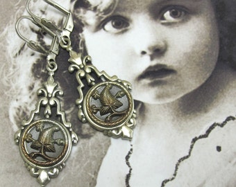 Steampunk Earrings with Silver Leaf Victorian Button with Antique Silver Gothic Filagree Rare Authentic 1840-60's Victorian Button #30