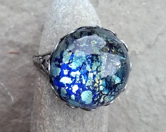 Blue Opal Ring Glass Antique Silver Adjustable Vintage Glass Cocktail Ring