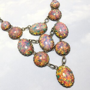 Fire Opal Necklace Iridescent Pink Harlequin Vintage Glass in Silver