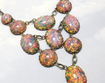 Fire Opal Necklace Iridescent Pink Harlequin Vintage Glass in Silver