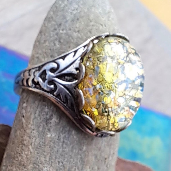 Adjustable Ring Vintage Glass Yellow Fire Opal in Antique Silver Filagree Band