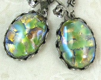 Antique Silver Earrings Vintage Olive Green Fire Opal  art deco earrings