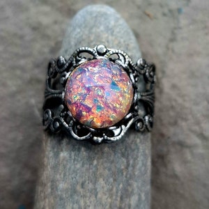 Adjustable Cocktail Ring Vintage Pink Fire Opal and Gothic Antique Silver Filagree Band