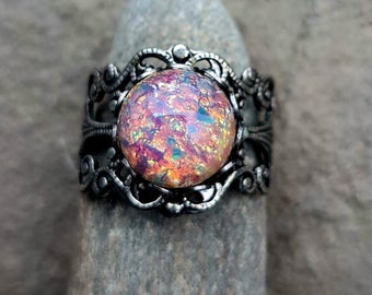 Adjustable Cocktail Ring Vintage Pink Fire Opal and Gothic Antique Silver Filagree Band