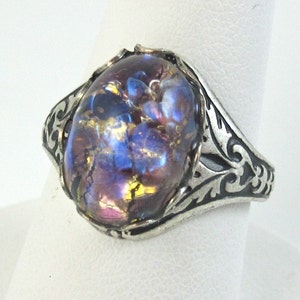 Adjustable Ring Vintage Purple, Blue , and Gold Glass Fire Opal with Antique Silver Filagree Band image 3