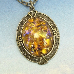 Opal Art Deco Necklace Yellow Fire Opal Vintage Glass on Antique Silver Chain Romantic Gothic