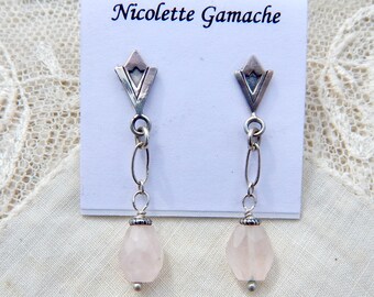 Rose Quartz Earrings Sterling Silver Wire Art Deco Post & Dangle Earring