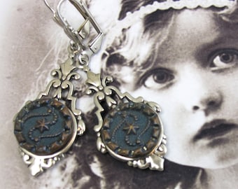 Steampunk Earrings, Antique Button Blue Earrings, Stars and Stripes 29