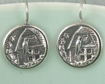 Antique Button Earrings Sterling Silver Barn Swallow Birds