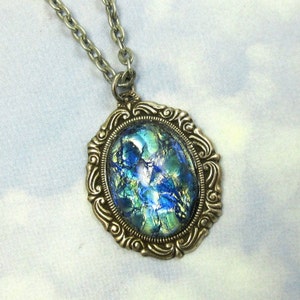 Blue Fire Opal Pendant Necklace with Vintage Glass Pendant on Antique Silver Chain and Gothic Filagree