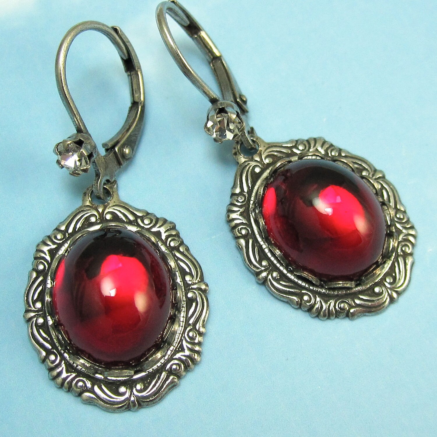 Ruby Red Dangle Earrings Antique Silver Vintage Glass - Etsy