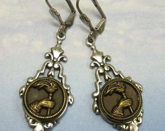 Freedom Torch Antique Victorian Button Earrings with Silver Filagree Settings and Earwire #39