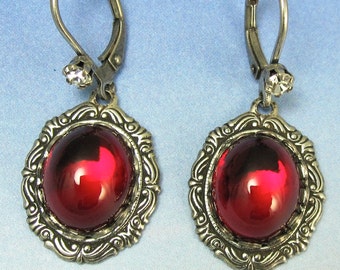 Ruby Red Dangle Earrings Antique Silver Vintage Glass