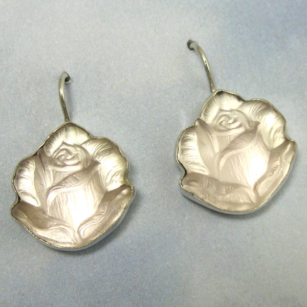 Vintage Art-Deco-rosa Rose-Cabochons in Sterlingsilber Ohrringe 552 gesetzt