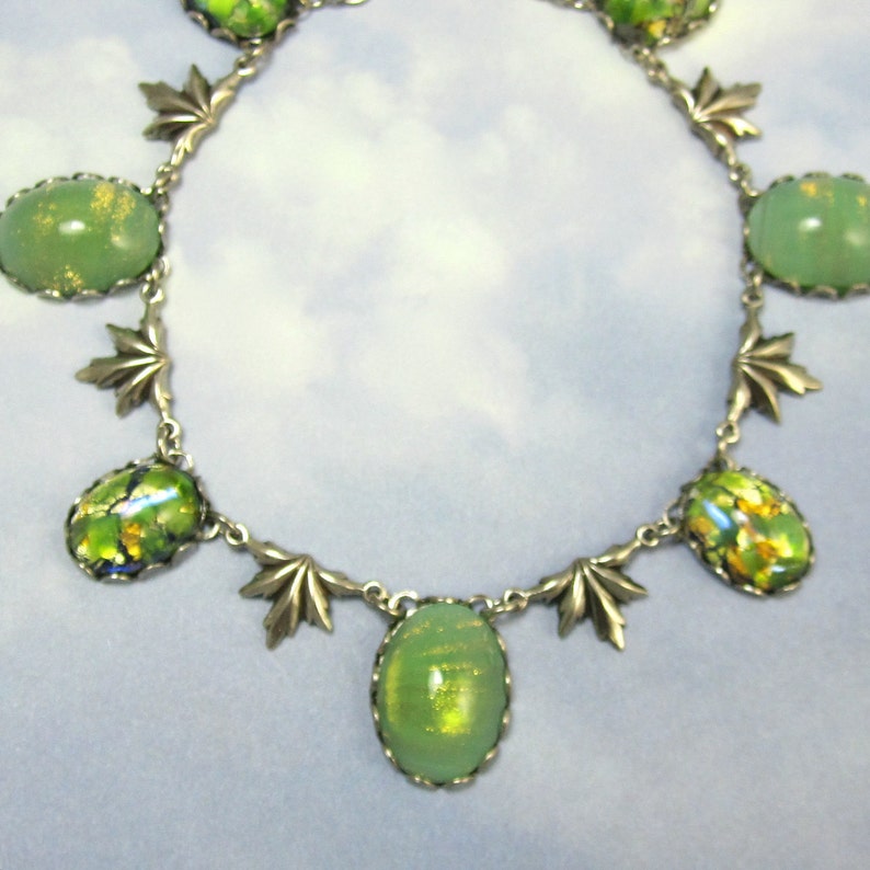 Green Necklace Vintage Celadon Glass in Antique Silver image 3