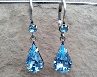 Aqua Blue Crystal Glass Drop Dangle Earrings with Silver Lever back ear wire