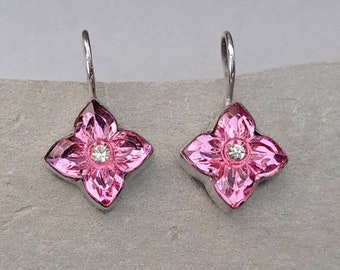 Art Deco roze bloem Vintage glazen stenen oorbellen Sterling zilveren oorbellen