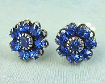 Blue Post Earrings Rhinestone Crystal Flowers