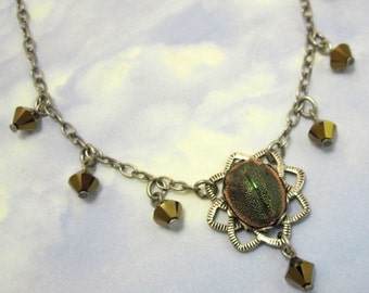 Rare Vintage Glass Scarab Pendant Necklace Green Swarovski Crystal Drops with Antique Silver Filagree and Chain