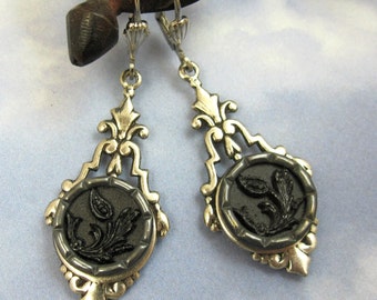 Victorian Button Earrings Antique Silver Leaf in Filagree Gothic Settings #35