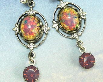 Pink Drop Earrings Vintage Pink Opal Victorian Filagree Drop art deco earrings
