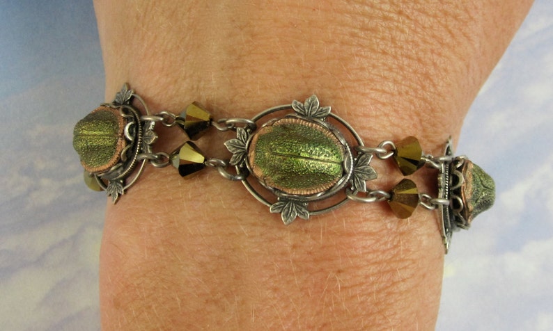 Vintage Scarab Bracelet Rare 1920s Egyptian Revival Glass Stones in Art Deco Antique Silver Filagree Setting image 4