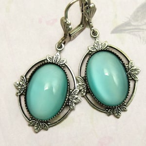 Vintage Glass Aqua Blue Earrings with Antique Silver Gothic Filagree and Earwire