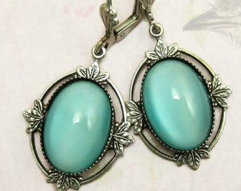 Vintage Glass Aqua Blue Earrings with Antique Silver Gothic Filagree and Earwire