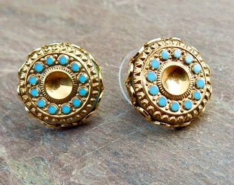 Gold Turquoise Czech Glass Post Earrings, Art Deco Style