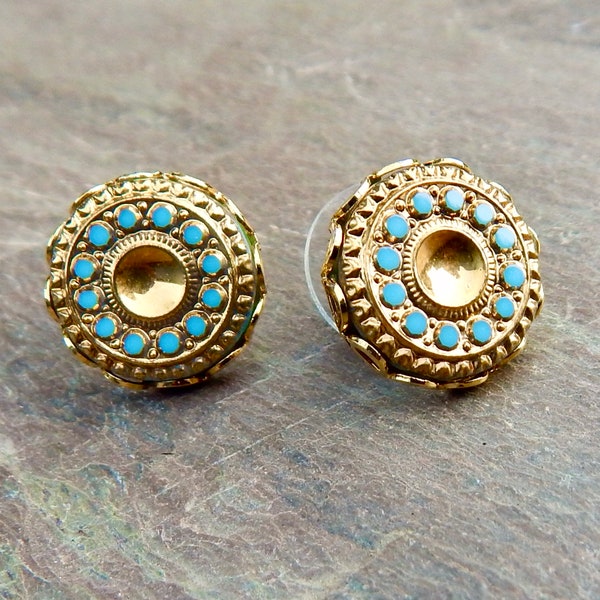 Gold Post Earrings Art Deco Vintage Glass Earrings 1920s Gold Turquoise Art Nouveau