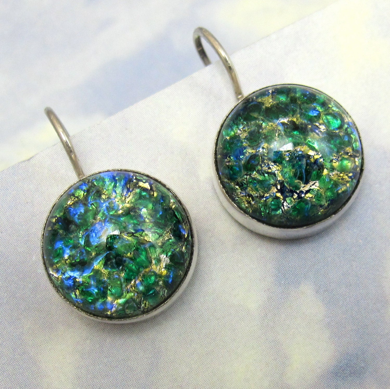 Green Opal Earrings Sterling Silver Vintage Glass art deco Etsy
