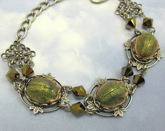 Vintage Scarab Bracelet Rare 1920s Egyptian Revival Glass Stones in Art Deco Antique Silver Filagree Setting