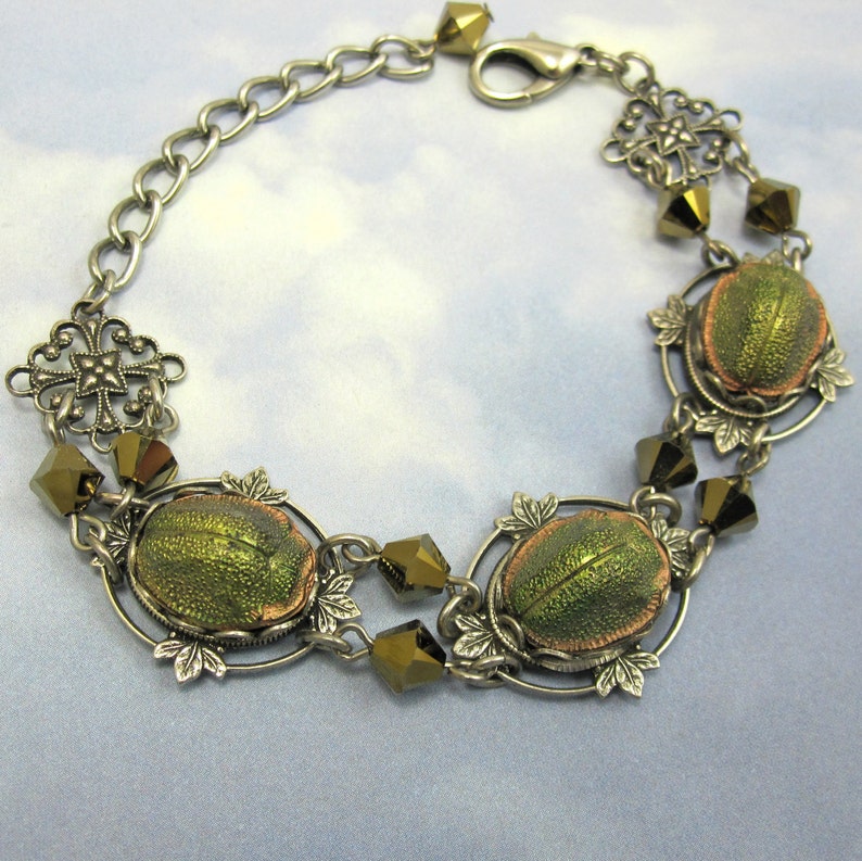 Vintage Scarab Bracelet Rare 1920s Egyptian Revival Glass Stones in Art Deco Antique Silver Filagree Setting image 1