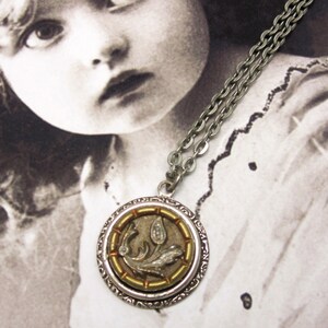 Gold Leaf Flower Victorian Button Necklace with Antique Silver Chain and Setting #N-74 Rare Authentic 1840-60&#39;s Victorian Button
