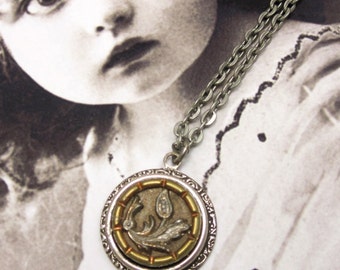 Gold Leaf Flower Victorian Button Necklace with Antique Silver Chain and Setting #N-74 Rare Authentic 1840-60's Victorian Button