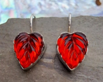 Vintage Glass Red Leaf Earrings Sterling Silver Art Deco Inspired 582