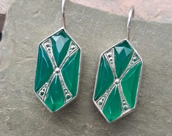 Art Deco Earrings Green Sterling Sterling Rare Jade Green Dangle Earrings 348