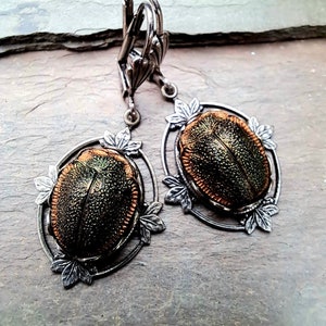 Vintage Scarab Earrings Rare Glass 1920s Egyptian Revival Stones in Antique Silver