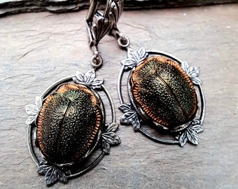 Vintage Scarab Earrings Rare Glass 1920s Egyptian Revival Stones in Antique Silver