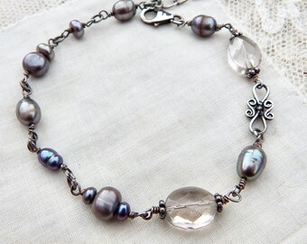 Pearl Bracelet Sterling Silver Wire Wrapped Tan Fresh Water Pearls Quartz semi precious stones