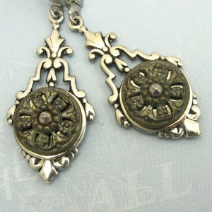 Flower Design Victorian Button Earrings with Antique Silver Filagree Settings and Earwire #14 Rare Authentic 1840-60&#39;s Victorian Button