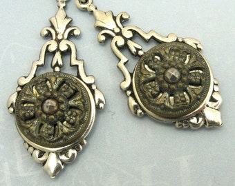 Flower Design Victorian Button Earrings with Antique Silver Filagree Settings and Earwire #14 Rare Authentic 1840-60's Victorian Button