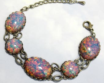 Fire Opal Bracelet  Pink Bracelet Harlequin Vintage Glass in Silver