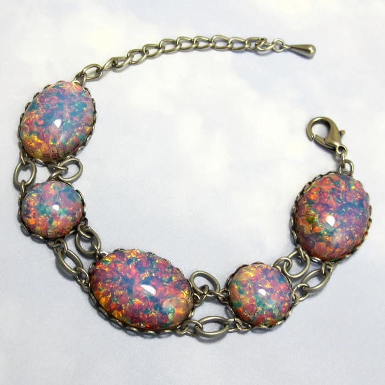 Fire Opal Bracelet Pink Bracelet Harlequin Vintage Glass in Silver image 1
