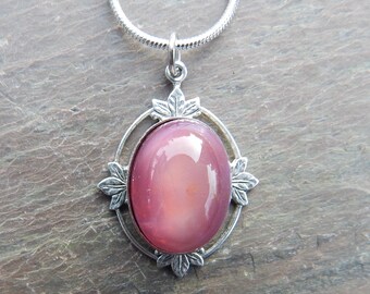 Fire Opal Pendant Art Deco Pink Vintage Glass Necklace on Silver Chain