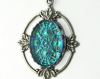 Teal Green Glass Fire Starburst Fire Opal Pendant Necklace with Gothic Inspired Antique Silver Filagree and Chain