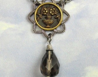 Victorian Button Necklace Flower Motif Smoky Quartz Drop with Antique Silver Filagree N-47