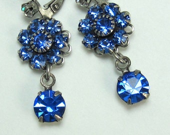 Blue Rhinestone Earrings Sapphire Flower Drops