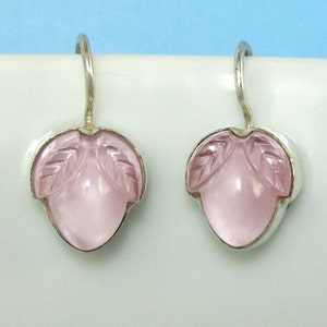 Pink Floral Earrings Flower Bud Sterling Silver Lalique Inspired Vintage Glass 354
