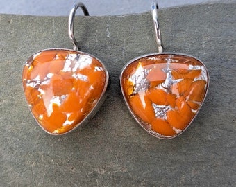 Vintage Glass Orange Fire Opal Drop Earrings set in Sterling Silver 382